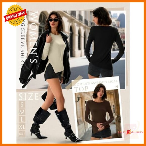 3 Pack Long Sleeve Asymmetrical Tops Ruched Slit Fitted Tees Women - Picture 3 of 8